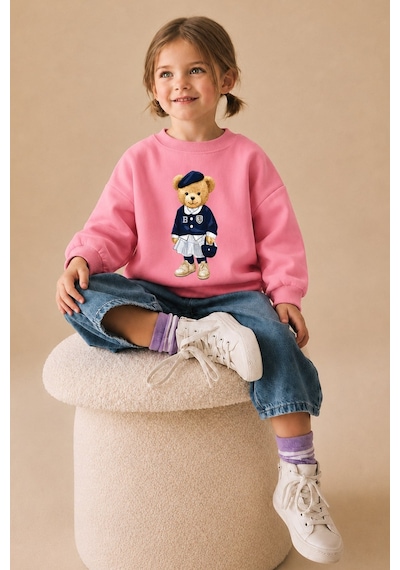 Monila Kız Çocuk 3 İplik Kumaş Pamuklu Ayıcık Baskılı Sweatshirt Pembe