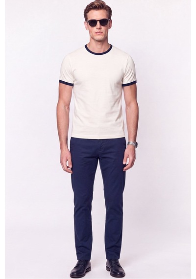 Efor Slim Fit Bisiklet Yaka Ekru - Lacivert Tişört Ts 932 Ekru-lacivert