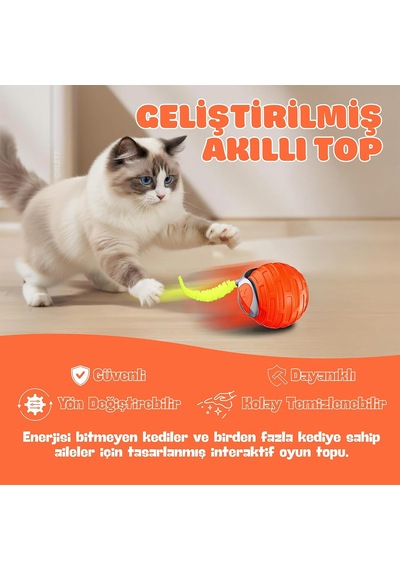 Akıllı Kedi Oyun Topu - Otomatik Yuvarlanan İnteraktif Kedi Oyuncağı - Şarj Edilebilir Evcil Hayvan Oyun Arkadaşı - Farklı Hız Ve Oyun Modları - Led Işıklı - Tüylü Kovalama Kuyruğu Turuncu