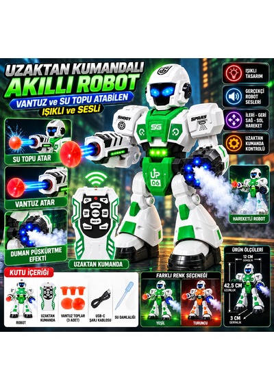 Uzaktan Kumandalı Akıllı Robot Vantuz Ve Su Topu Atabilen Sesli Işıklı Robot Oyuncak - Yeşil