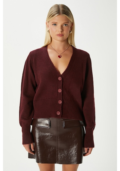 Ritnice Kadın Bold Yumuşak Doku V Yaka Bordo Triko Hırka 70148 Bordo