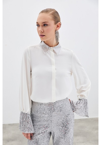 Sateen Payet Detaylı Gömlek - Ekru