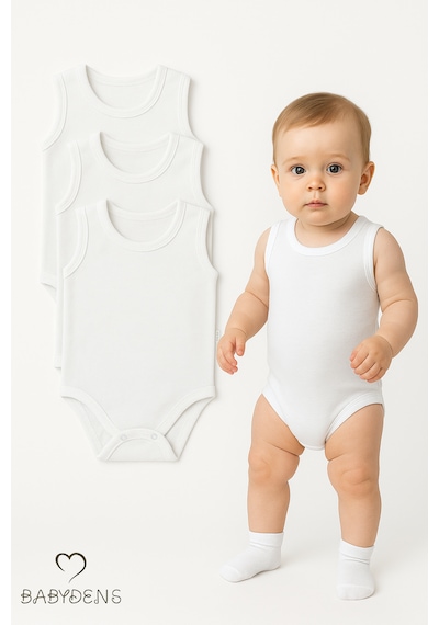 Babyden's 3'lü %100 Pamuklu Beyaz Kolsuz Bebek Body Seti Unisex Bebek İçin Yazlık Zıbın Takımı Beyaz