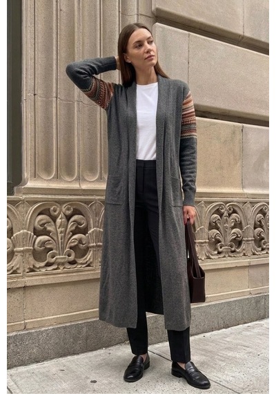 Onno Style Women Kilim Desen Uzun Triko Kadın Hırka Gri