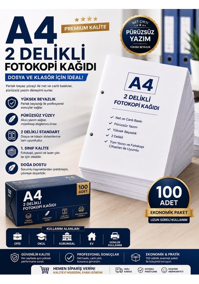 Premium A4 2 Delikli Fotokopi Kağıdı 100 Adet Dosya Ve Klasör Uyumlu Yazıcı Kağıdı
