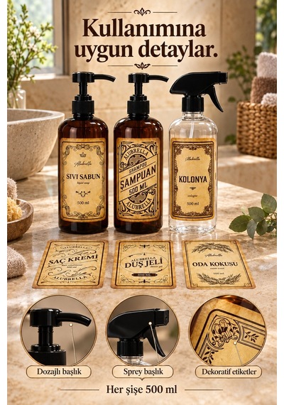 Alubrella 500 Ml 2 Amber Pompalı Ve 1 Şeffaf Sprey Boş Şişe Seti Ve Banyo Etiketleri