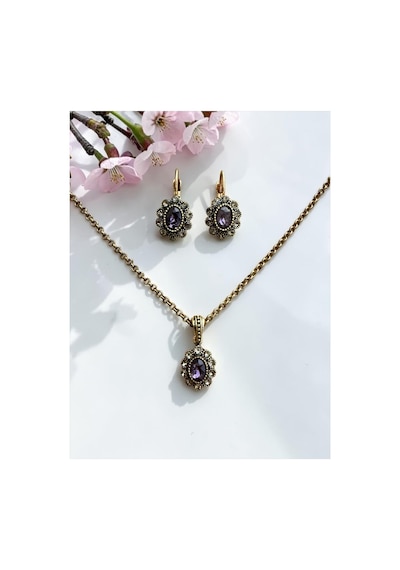 Kristal Taşlı Oval Kolye Ve Küpe Seti Mor
