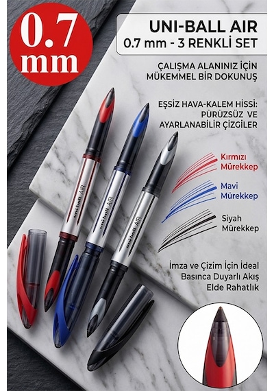 Mavi Pilot Kalem 3 Adet Uniball Air 0.7 Mm Roller Pilot Kalem Uba-188-l Broad Roller Uçlu Likit Mürekkepli Pilot Kalem