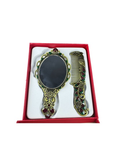 Tavus Kuşu Desenli Vintage Ayna Tarak Seti Özel Tasarım Ve Özel Kutulu 13,5 Cm & 13 Cm Altın
