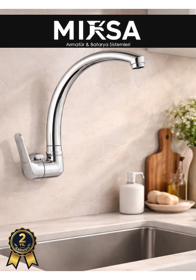 Duvardan Tek Su Çıkışlı Pipo Kuğu Borulu Lavabo-eviye Bataryası Çeşmesi Musluğu Krom