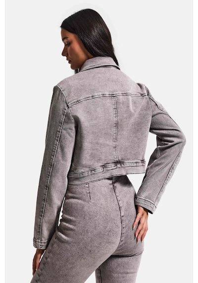 it's basic Kadın Gri 3s6-158 Crop Fit Esnek Kumaş Düğmeli Denim Ceket