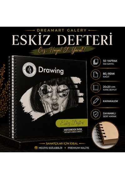 Dreamart Galery, Eskiz Defteri, 20x20 Cm Sert Kapak 50 Yaprak Bej Kağıt Spiralli Karakalem Defteri