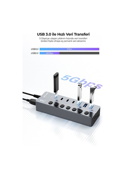 Ven-dens Vd-adp050 7 Portlu Usb Çoklayıcı Hub, 3 Usb-a Ve 4 Usb-c, 5 Gbps Veri Aktarımı, Gri