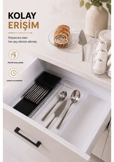 Çekmece İçi Bıçaklık Organizer Bölmeli Mutfak Düzenleyici Siyah S-11029