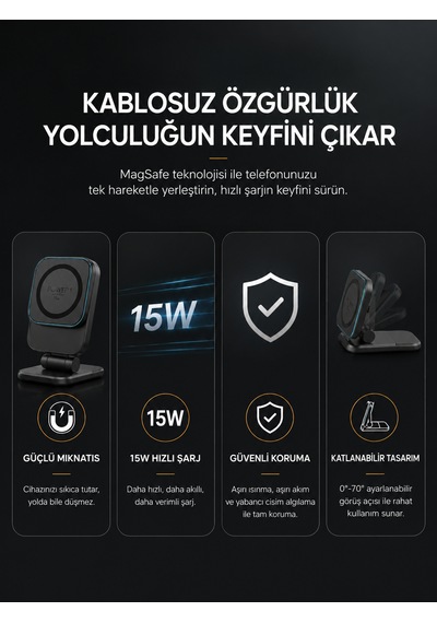 15w Kablosuz Araç Şarj Cihazı Magsafe Uyumlu Katlanabilir Manyetik Telefon Tutucu Kompakt Siyah
