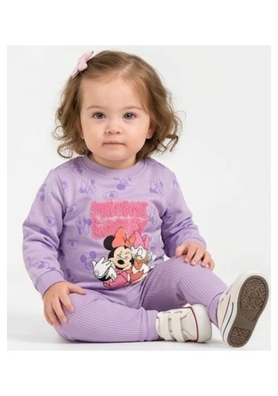 İrem Kız Bebek Mickey Desenli Yazı Nakışlı Lila Renk Sweatshirt Tayt Takımı