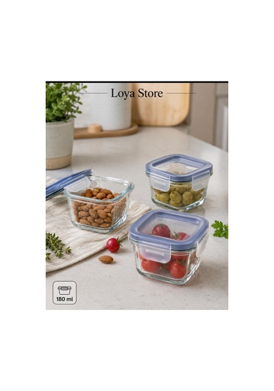 Loya Store 365+ Cam Saklama Kabı 180 Ml Kare 3 Lü Set Şeffaf Şeffaf