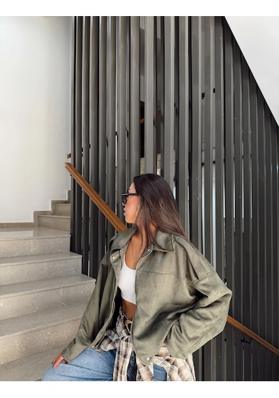 Prifaldi Premium Oversize Süet Bomber Ceket Haki
