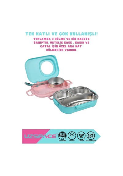 Bento 1100ml Lunchbox Tek Katlı 3 Bölmeli Kaseli Çelik Sefer Tası Yemek Kutusu Turkuaz-pembe Çok Renkli