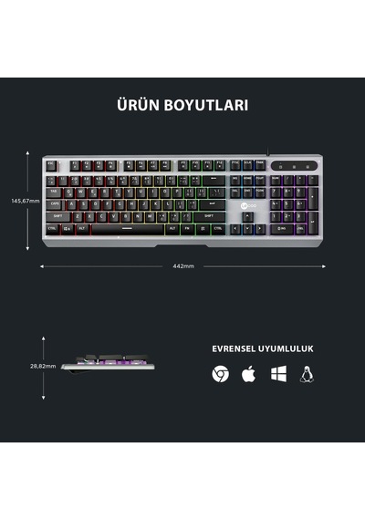 Kb121 Usb Kablolu Oyuncu Klavye - Makro Tuşlu, Rainbow Efektli, Mekanik Hisli Sessiz, Membran Gaming Türkçe Q Klavye Metalik Gri