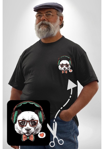 Angemiel Kulaklıklı Hipster Portre Panda Siyah Büyük Beden Kadın Basic Minimal Baskılı Tişört Siyah