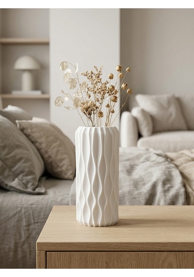 Kaveld Nysa Dekoratif Vazo El Yapımı Modern Minimalist Silindirik Vazo Mermer Tozu Ve Çimento Kompozit Ev Dekoru Beyaz