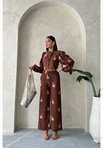 Verymoda Nakış Detaylı Keten Pantolon F1712 Kahve