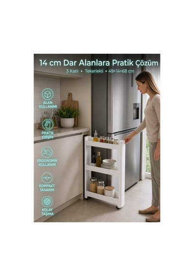 3'lü Slim Dar Alan Organizer Raf, Tekerlekli Çok Amaçlı Mutfak Ve Banyo Düzenleyici Beyaz Diğer