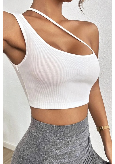 Moda Dua Kadın Beyaz Tek Omuzlu Çapraz Askılı Crop Top Büstiyer