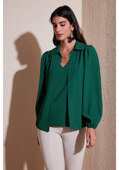 Lela Regular Fit V Yaka Balon Kol Bayan Bluz 611Bz0353 Zümrüt