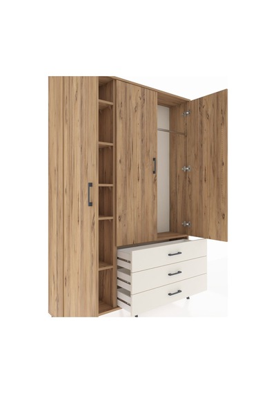 Arges Dolap 6 Raflı 3 Çekmeceli Tek Askılı 132x30x195 Çam-çam... Çam