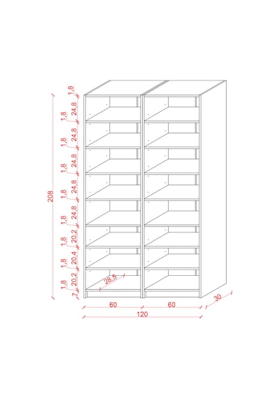 Asra Trend K-18 %100 MDF 120 cm 2 Modüllü Kitaplık 14 Raflı Kütüphane Petra-Koyu Gri