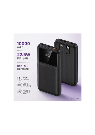 10000 Mah 22.5w Hızlı Şarj Powerbank Dahili Type-c Ve Lightning Kablolu Dijital Göstergeli- Re-ck082 Diğer