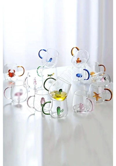 2'li Figürlü Cam Bardak 3d Sevimli Karikatürler Bardağı Kawaii Renkli Kulplu Sunum Fincanı 350 Ml.