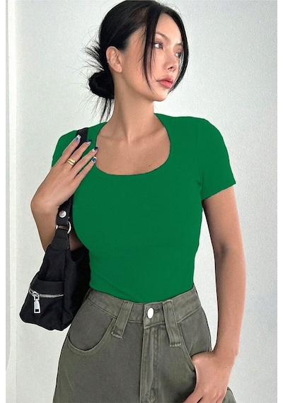 Rooted Kadın Kare Yaka T-shirt & Bluz , Likralı Fitilli Kaşkorse Kumaş Yeşil