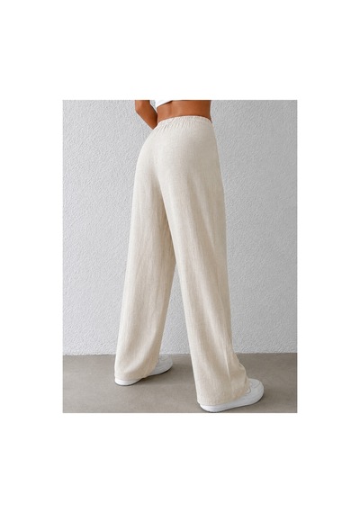 Tarz Cool Kadın Wide Leg Pantolon Ön Cep Detaylı Rahat Kalıp Günlük Pantolon Bej