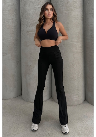Lesa Wear Yüksek Bel Flare Comfort Çift Cepli Toparlayıcı İspanyol Paça Pantolon Siyah