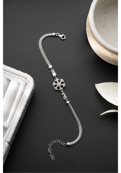 Çekirdekjewelry Minimal Kar Tanesi Detaylı Taşlı 925 Ayar Gümüş Bileklik Gri