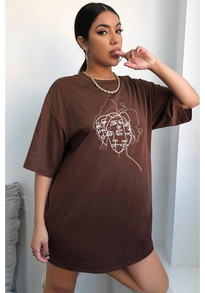 Flood Of Style Unisex Woman One Line Baskılı T-shirt Kahverengi