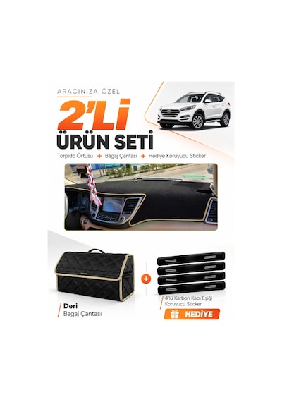 Hyundai Tucson 2016-2018 Uyumlu Torpido Örtüsü + Deri Bagaj Çantası + Sticker Seti - Siyah Bej