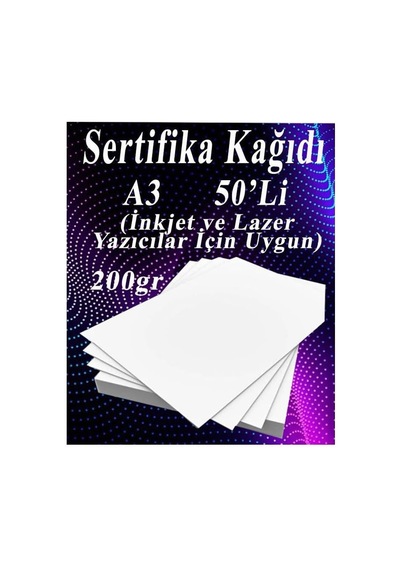 A3 Sertifika Kağıdı Kalın 50 Adet Gramajlı Fotokopi Kağıdı 200 Gr Tüm Yazıcılara Uyumlu 29.7x42 Cm Kalın Bas