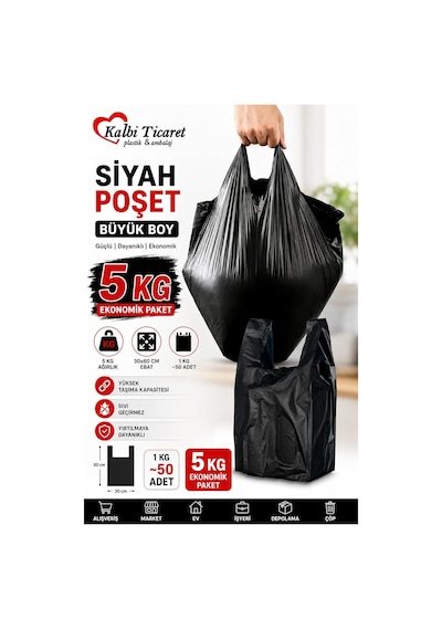 Kalın Siyah Poşet Büyük Boy 5 Kg Hışır Atlet Poşet Market Manav Poşeti Çöp Poşeti Diğer