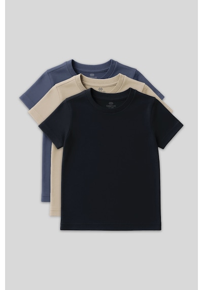 Standart Fit Basic O Yaka 3lü Paket Lacivert-bej-koyu Mavi Unisex Çocuk T-shirt - 11328 Lacivert - Beyaz