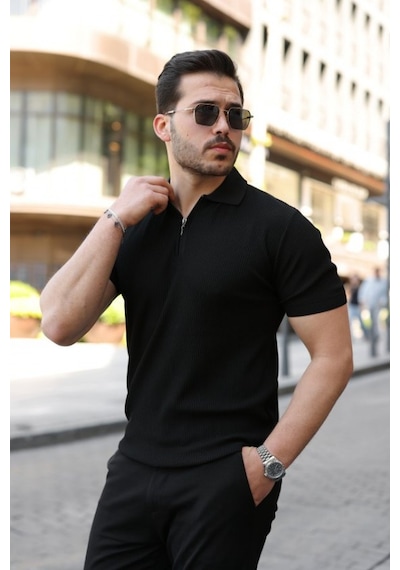 Efnaz Style Erkek Fermuarlı Yakalı Kısa Kollu Tshirt Siyah