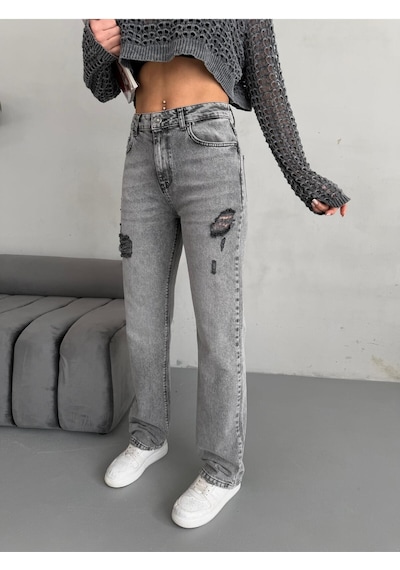 Kadın Straight Jean Yırtık Detaylı Ara Bel Boru Paça Kot Pantolon Gri Gri