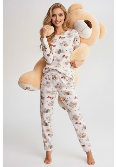 Siyah İnci Yumuşak Tuşe Kışlık Fitilli Pamuklu Örme Pijama Takım 7956 Beyaz Ayıcık