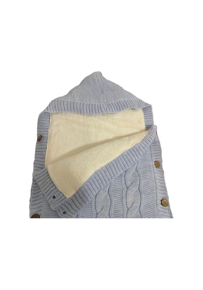 % 100 Organik İçi Polarlı Kapüşonlu Düğme Detaylı Triko Bebe Kundağı 75 X 40 Cm 1068 Mavi Mavi
