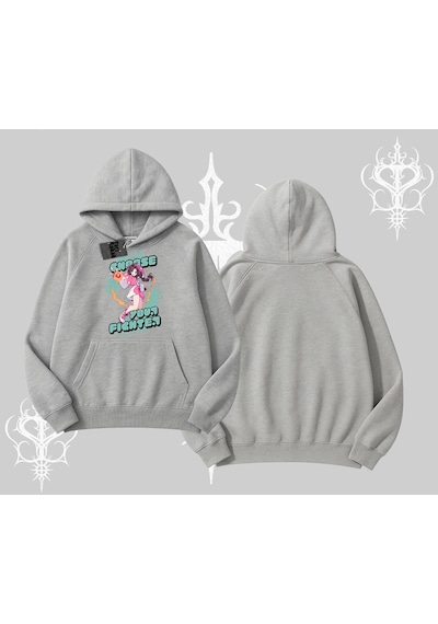 Startmore Kapşonlu Sweatshirt Oversize Anime Kız Desenli Japon Stil Gri
