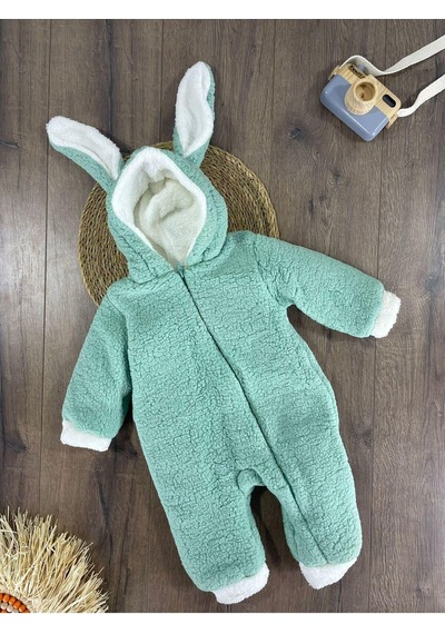 101 Dalmaçyalı Çift Kat Wellsoft Kürklü Tavşan Kulak Unisex Kışlık Bebek Tulum Yeşil