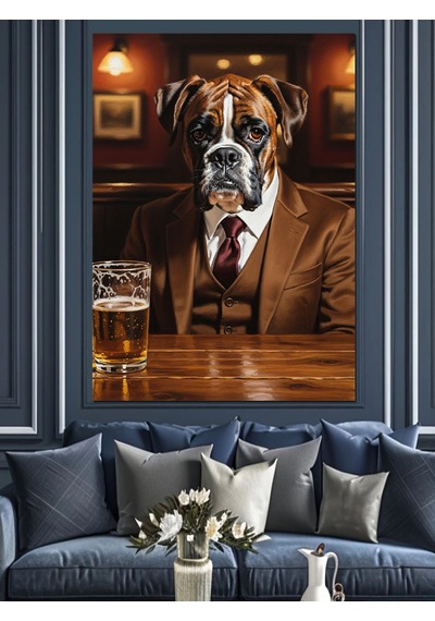 Ahşap Tablo Takım Elbiseli Köpek Resmi